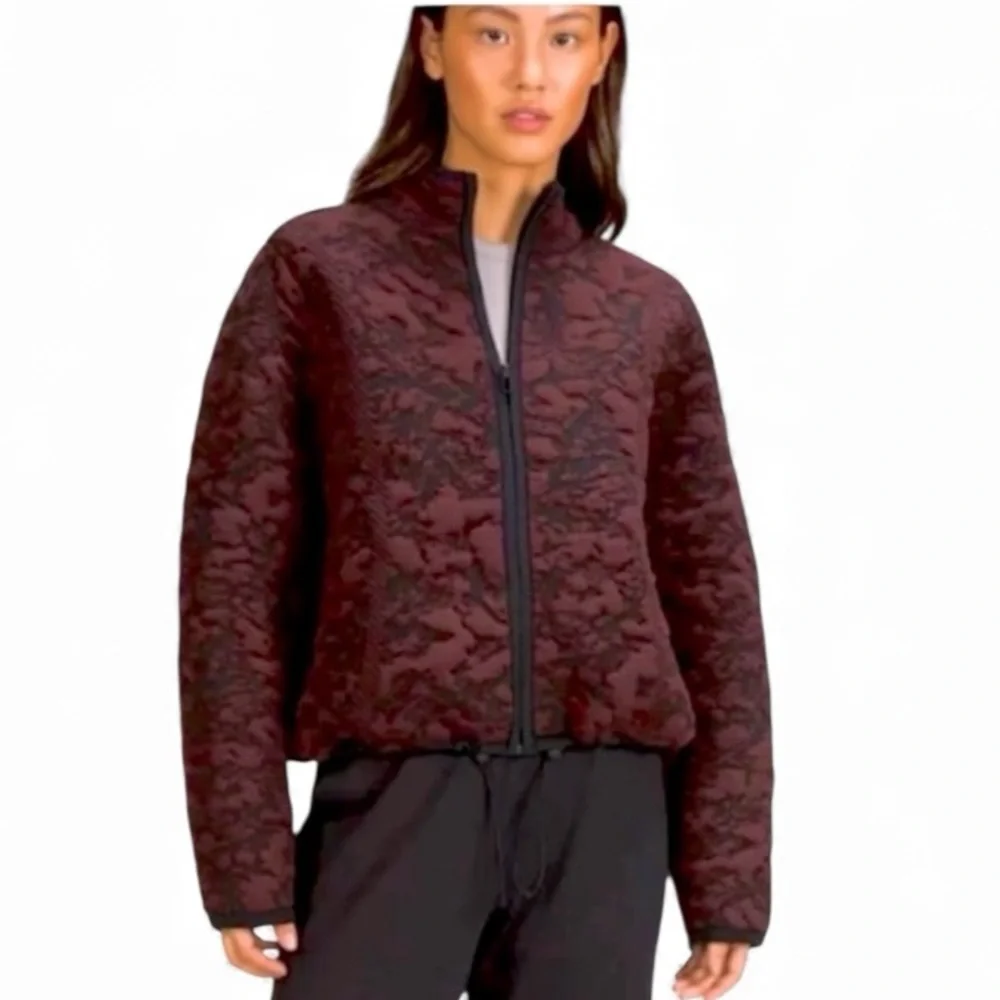 Lululemon Jacquard Wool Blend Burgundy Quilted Bomber Zip Up Jacket Size 12 NWT
